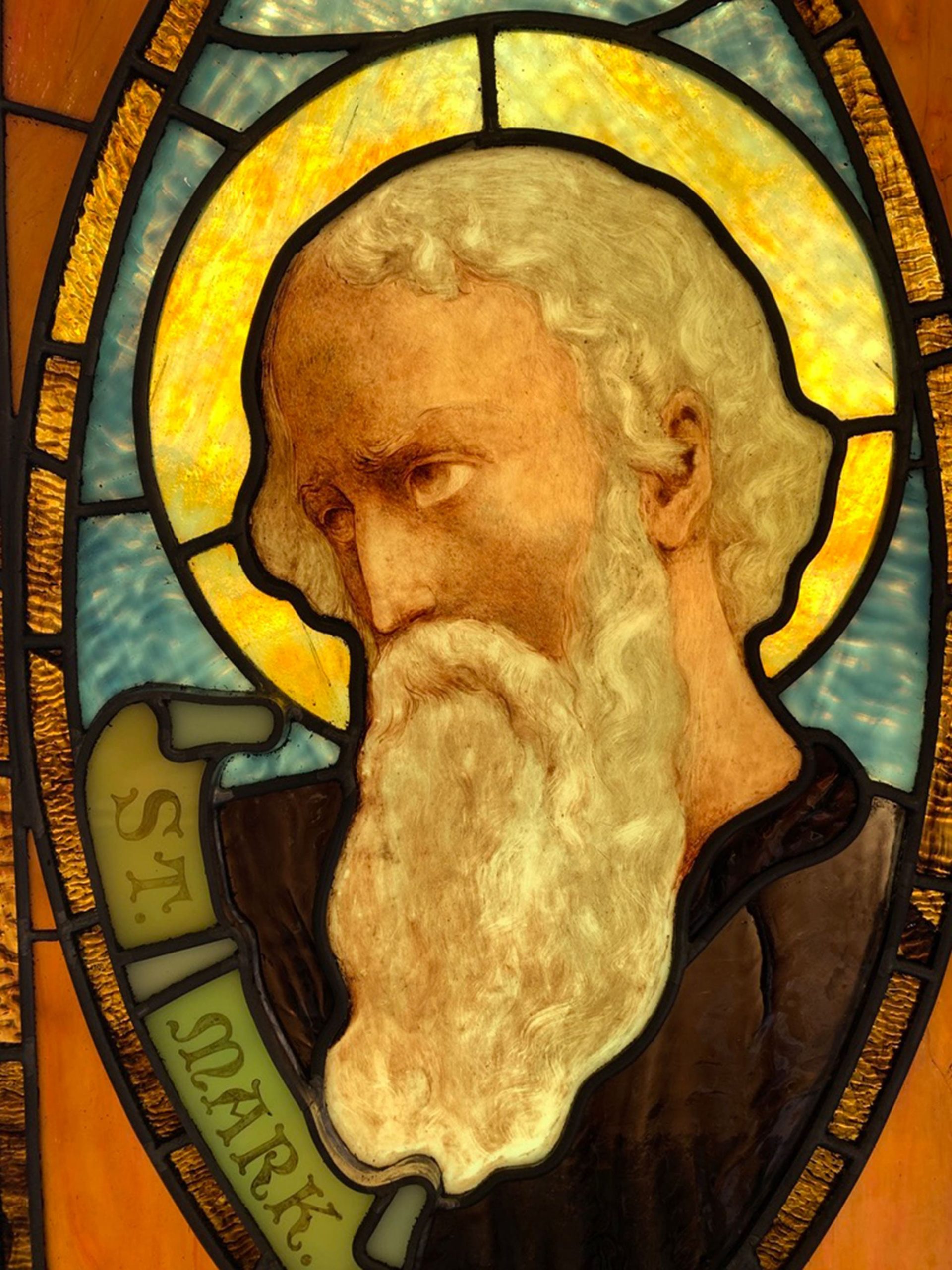 Close-up of stained glass of St. Mark.