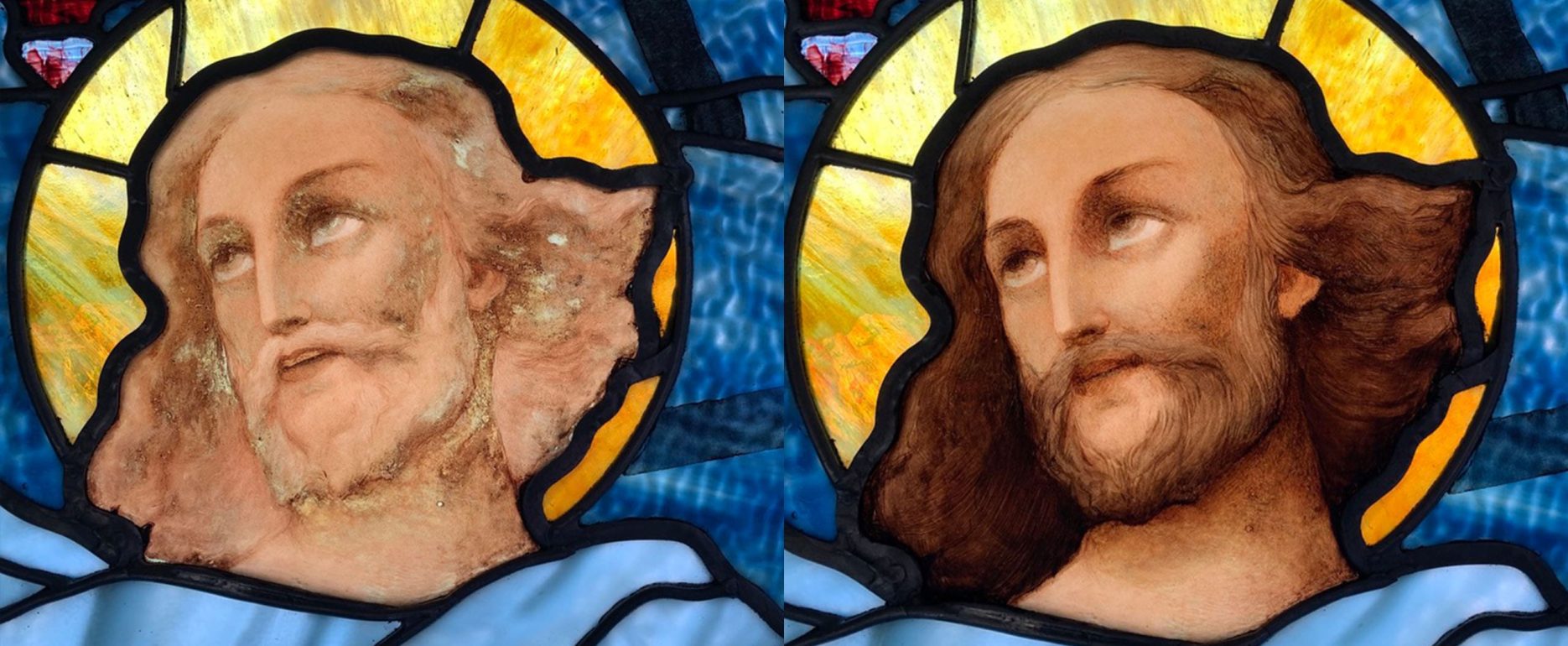 Before and after images of restoration of stained glass of Jesus.