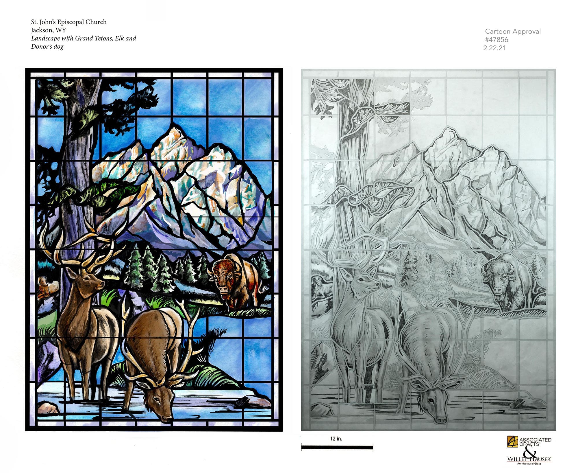 Modern architectural glass sketch and watercolor competition of deer and buffalo in the woods.