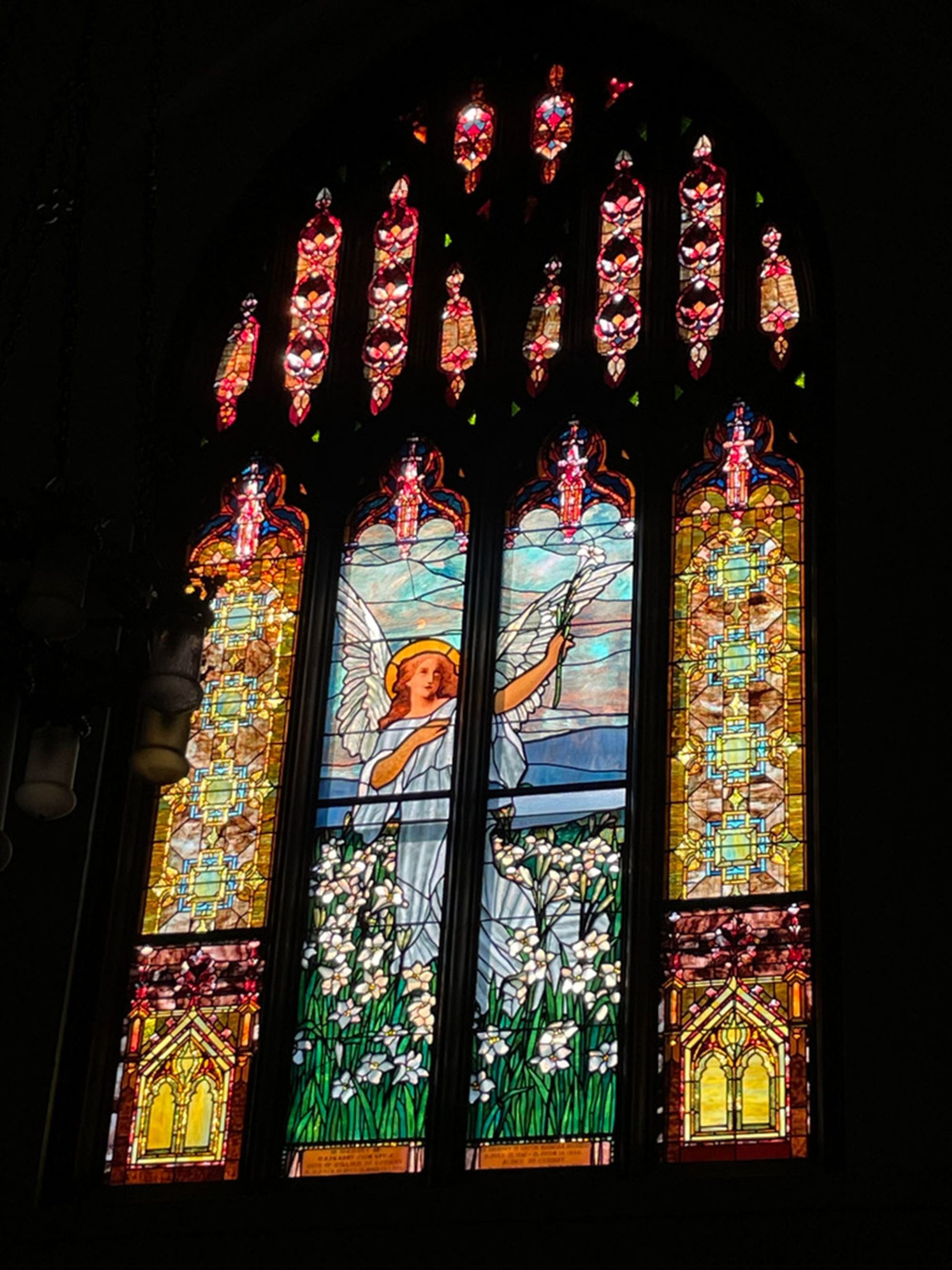 Stained glass windows of an angel.
