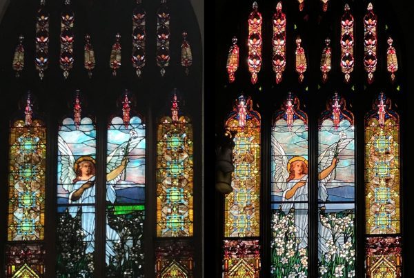 Before and after images of stained glass restoration.