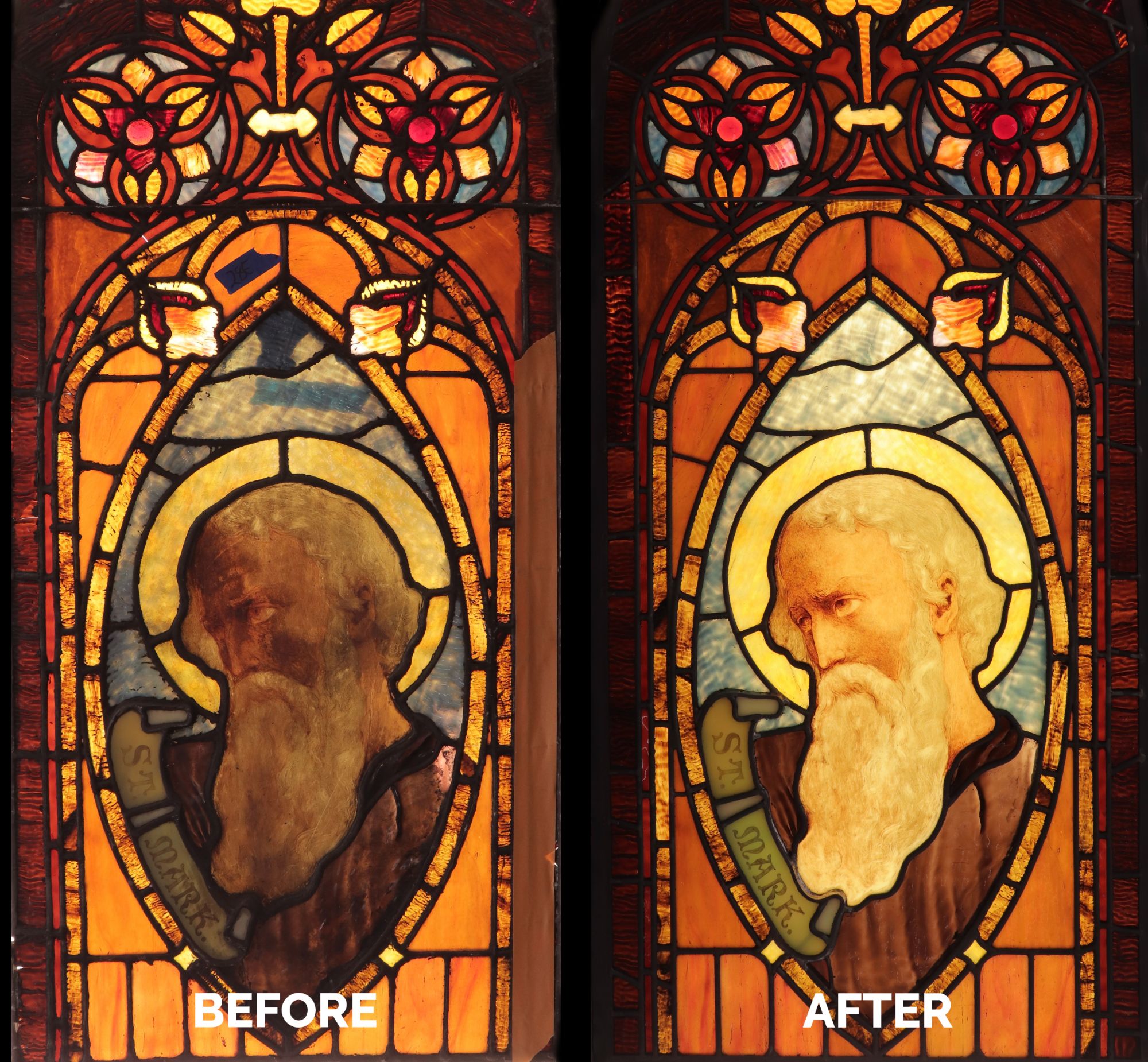 Before and after images of stained glass restoration.