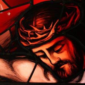 Stained glass detail featuring a crowned figure, emphasizing high-end stained glass artistry from Willet Studios.