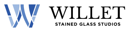 Willet Studios logo featuring stylized "W" and "Willet Stained Glass Studios" text, representing architectural art glass and stained glass installations.