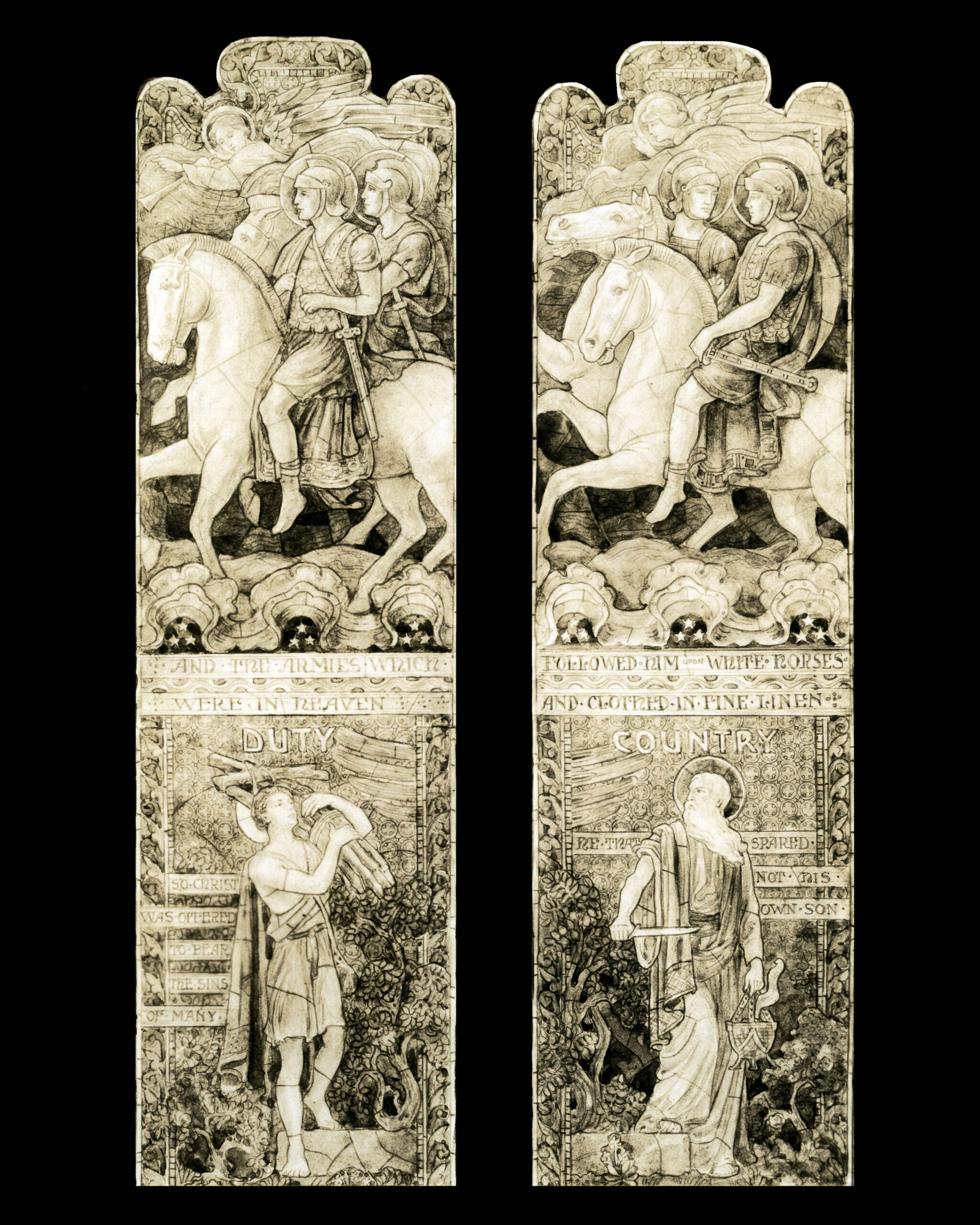 Stained glass design by William Willet featuring allegorical figures representing Duty and Country, with intricate detailing and historical themes, reflecting the artistry of Willet Stained Glass Studios.