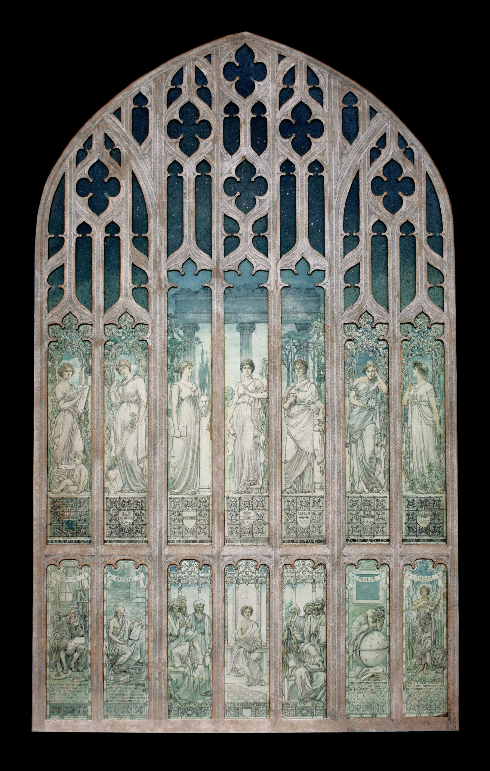 Stained glass window design by William Willet for Princeton University, featuring allegorical figures and intricate Gothic architecture, representing the legacy of Willet Stained Glass Studios.