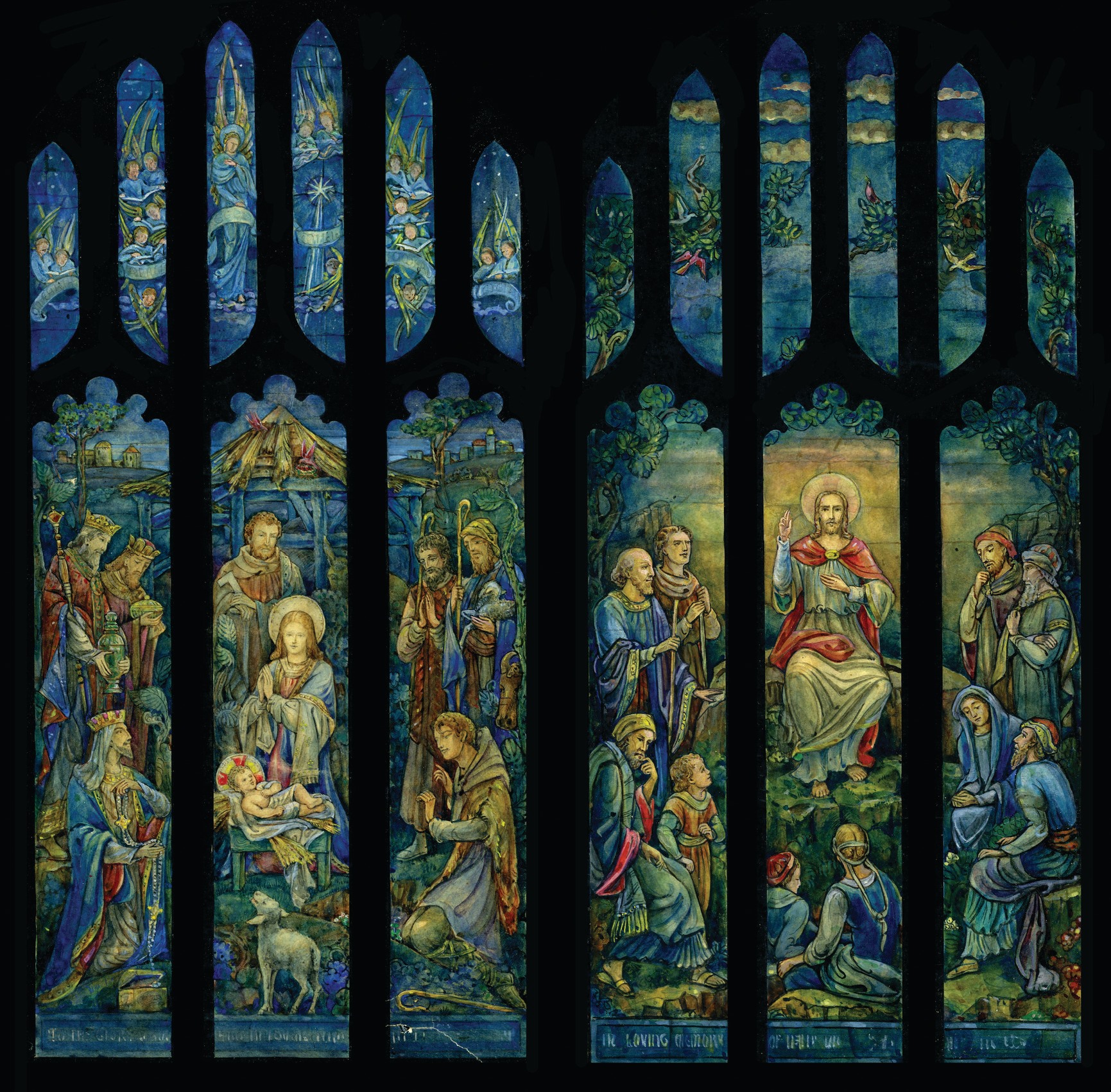 Stained glass window depicting biblical scenes with figures including Jesus, angels, and worshippers, showcasing artistry and craftsmanship of Willet Stained Glass Studios.