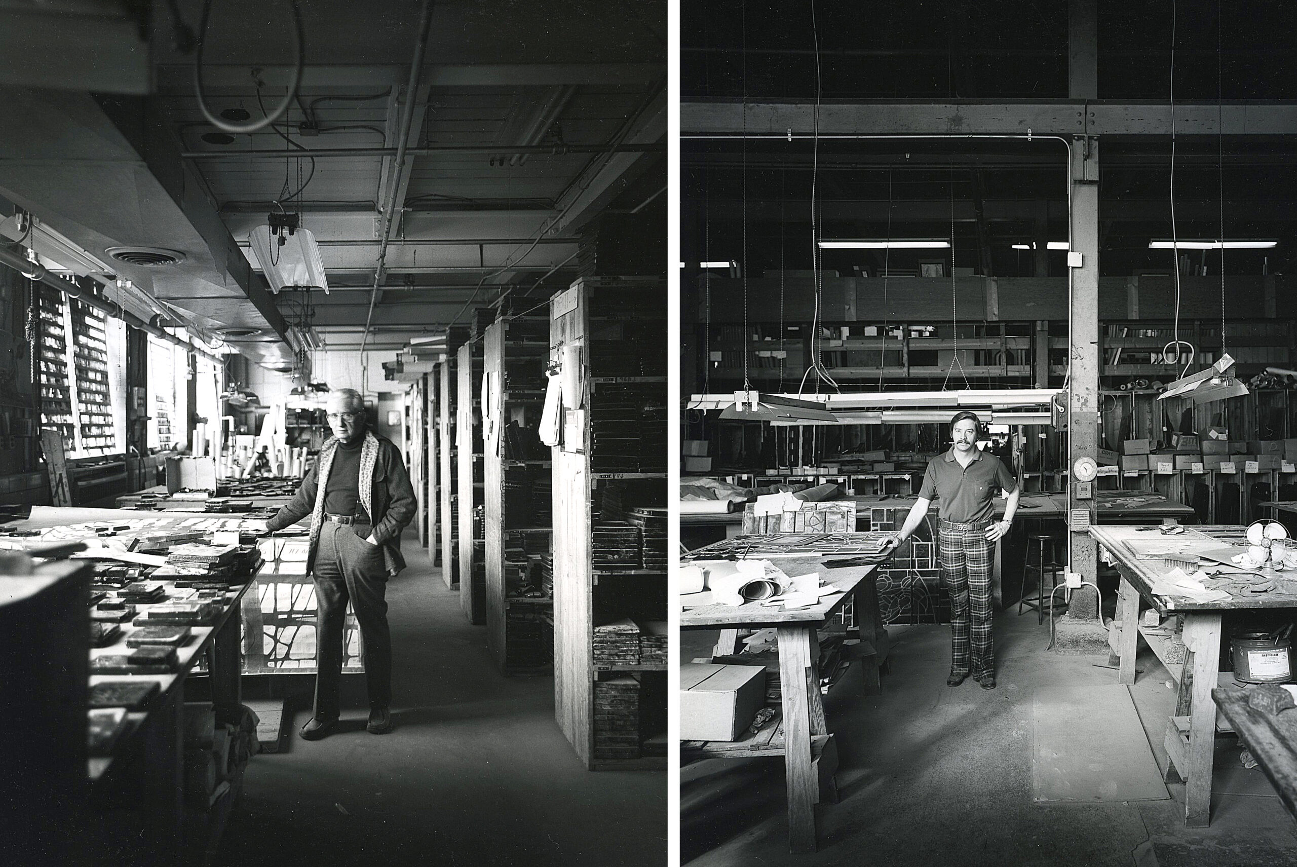 Historic stained glass studio interior featuring two artisans, one in a suit and another in casual attire, surrounded by materials and tools, reflecting the craftsmanship of Willet Stained Glass Studios.
