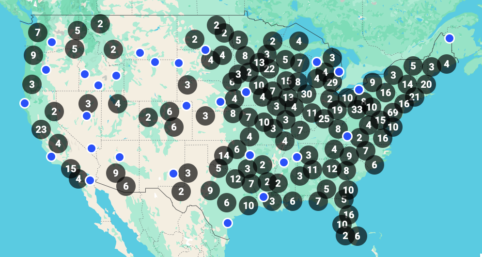 Map displaying locations of stained glass installations by Willet Stained Glass Studios across the United States, highlighting their global reach and impact in sacred and historic spaces.