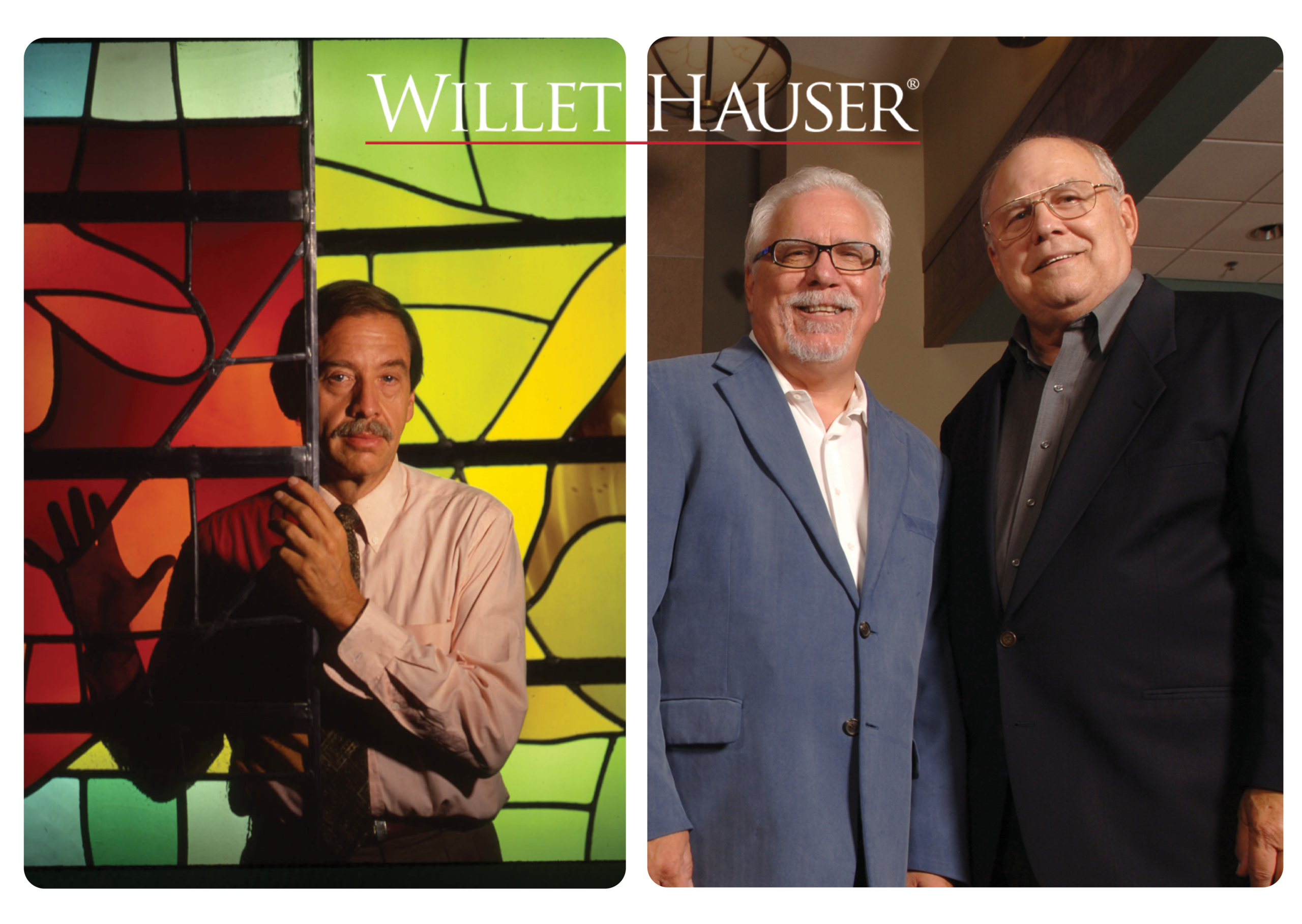 Man standing by stained glass panel, two men smiling in formal attire, Willet Hauser logo above, representing Willet Stained Glass Studios' legacy and craftsmanship.