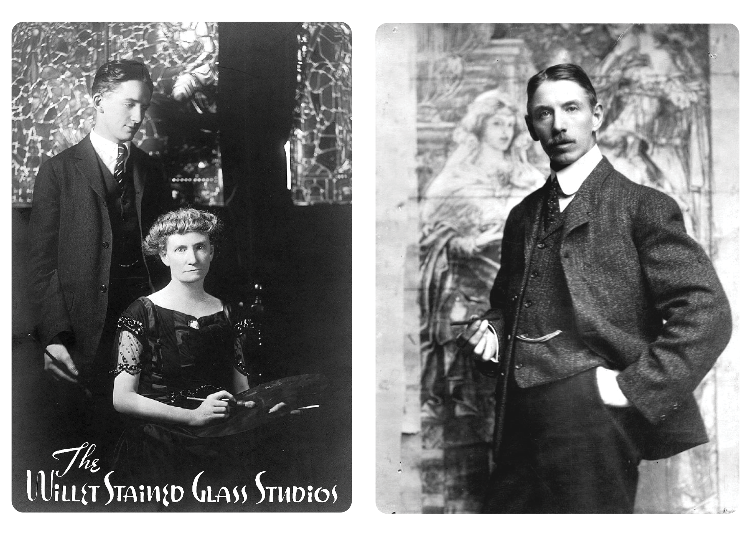 Historical photograph of William and Anne Lee Willet, founders of Willet Stained Glass Studios, with stained glass artwork in the background, showcasing the legacy of craftsmanship and artistry.