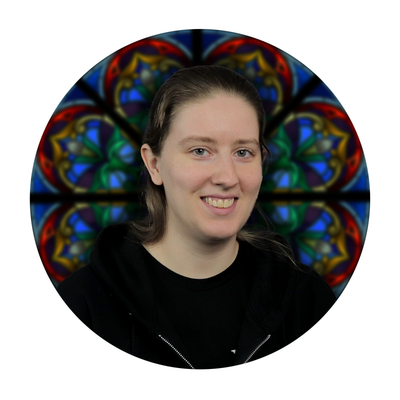 Alison Huffman, Glass Selection Specialist, with a stained glass background design.