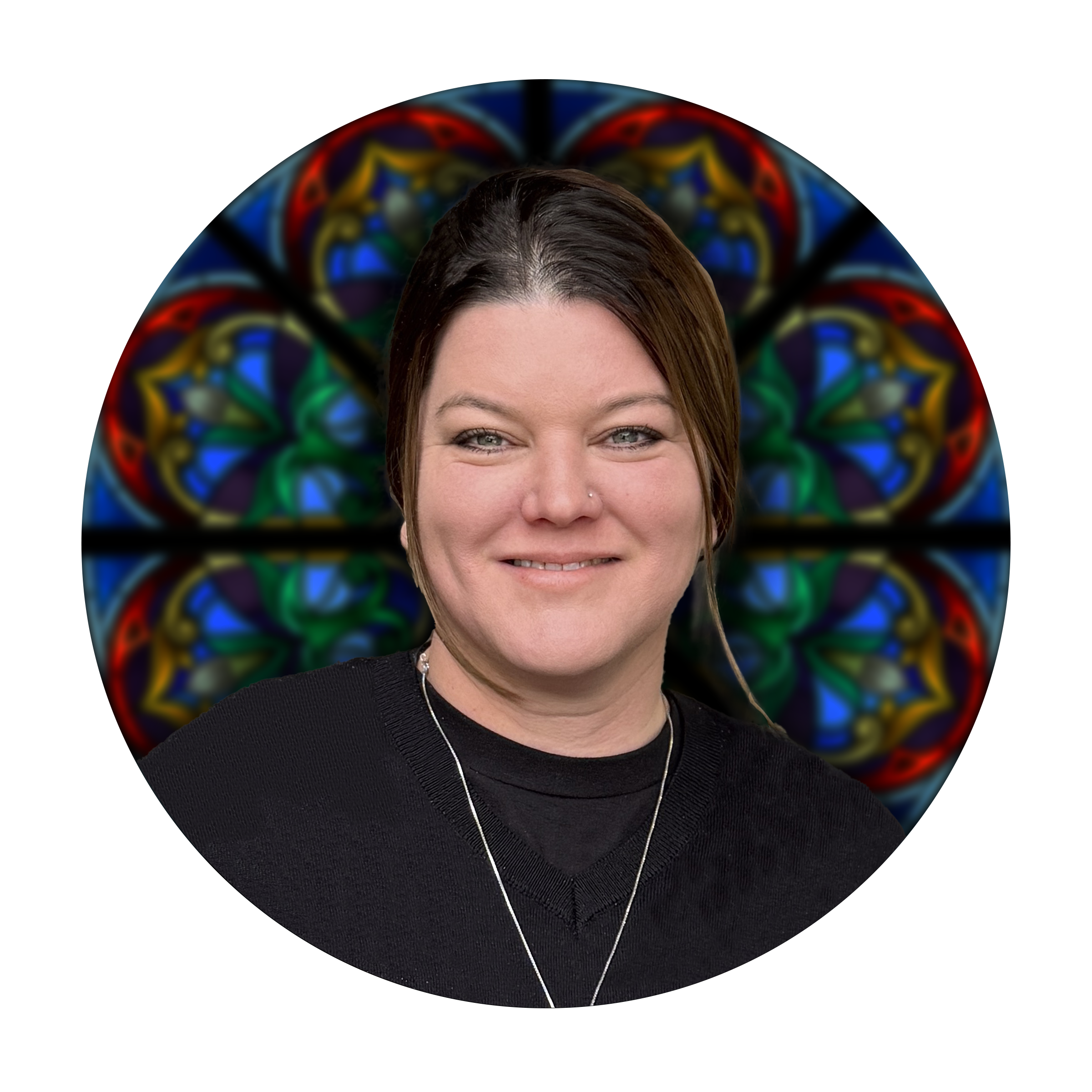 Andrea Cudney, Studio Consultant at Willet Stained Glass Studios, with stained glass design background.