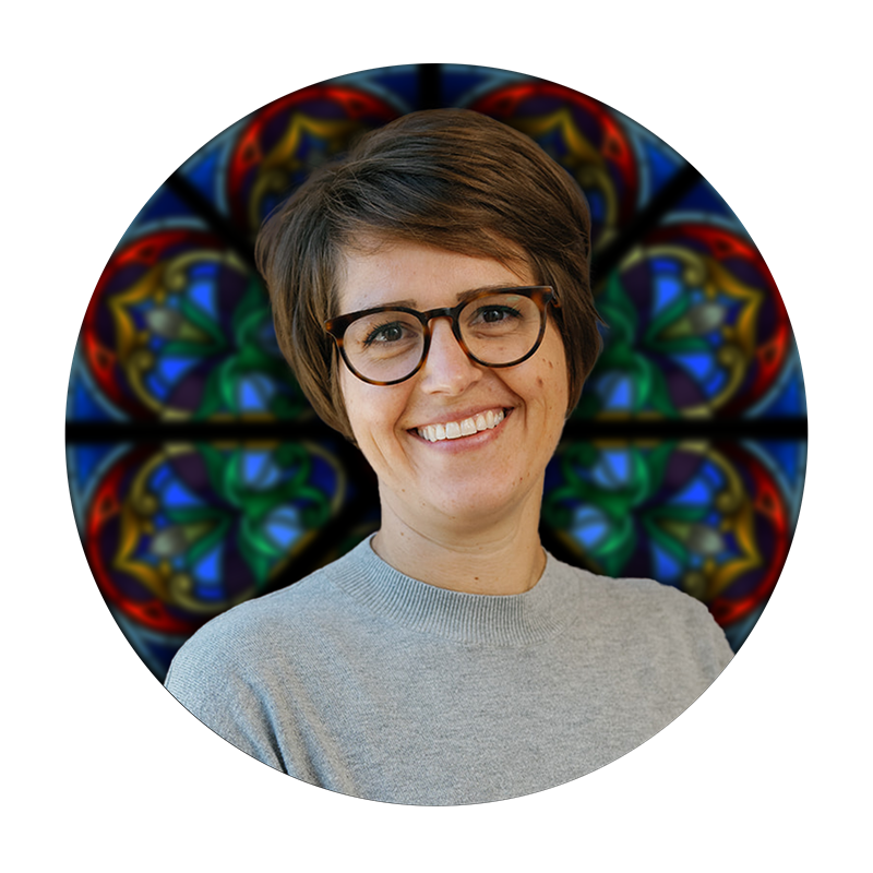 Camille Bernal, Pricing & Sales Support Manager at Willet Stained Glass Studios, with stained glass design background.