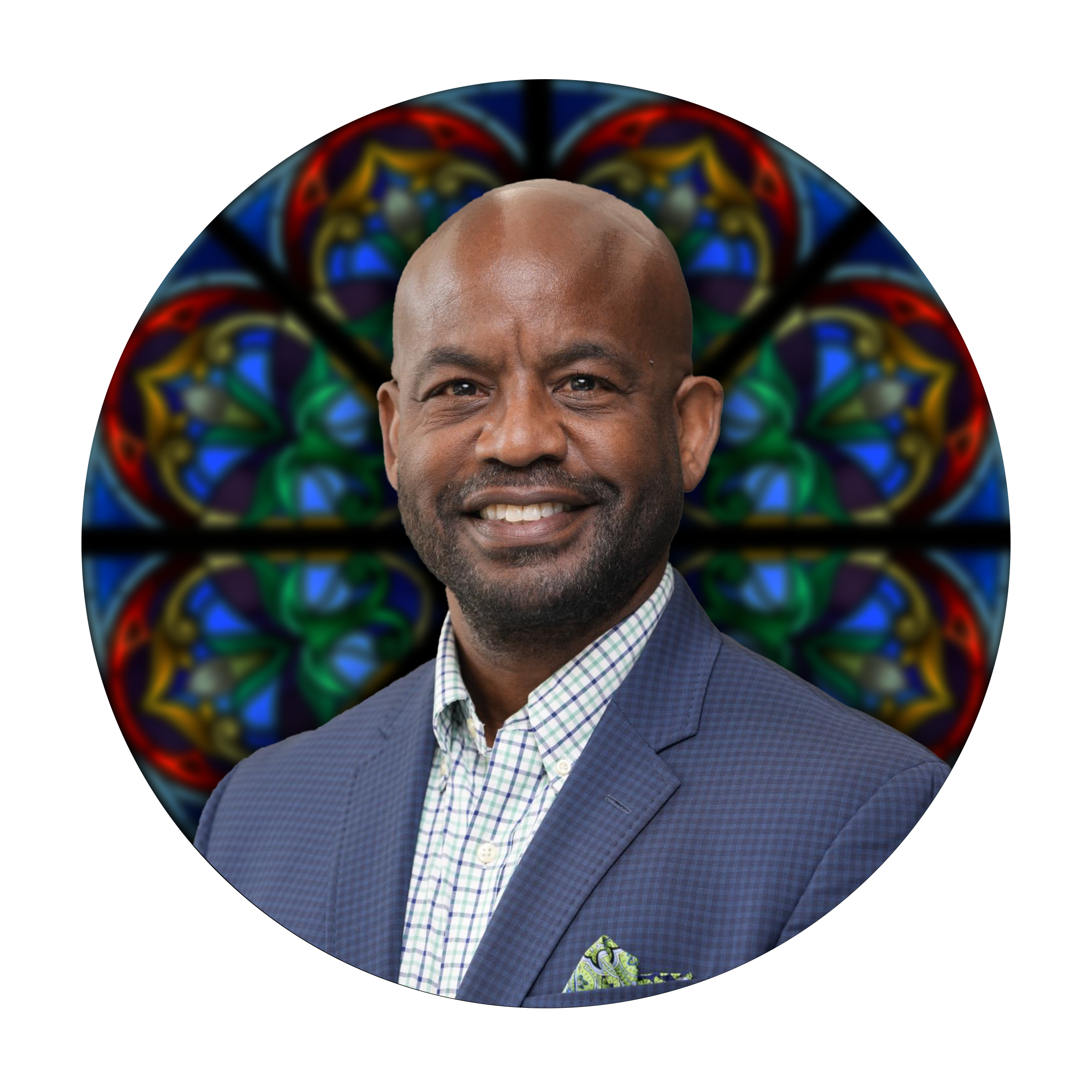 Cleveland Parker, Studio Consultant at Willet Stained Glass Studios, smiling against a colorful stained glass background.