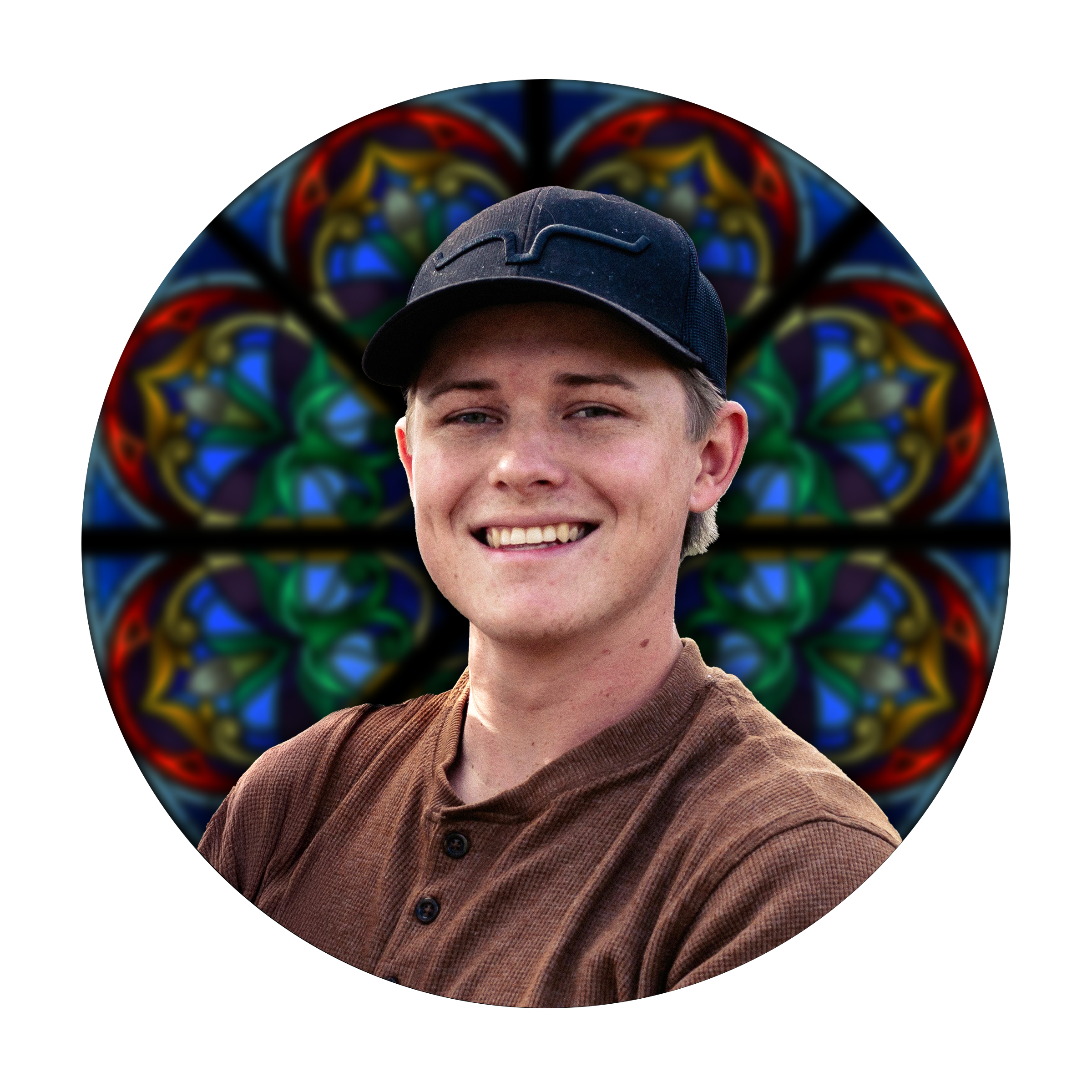 Kaden Price, Business Development Specialist at Willet Stained Glass Studios, smiling with stained glass design background.