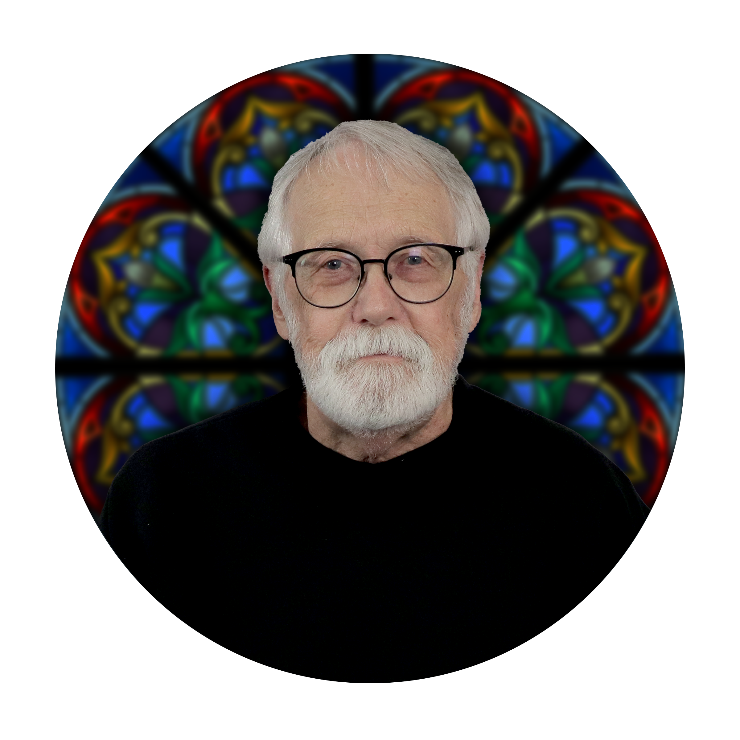 Manley Dahler, Master Glass Painter, portrait with stained glass background, showcasing artistry and craftsmanship in stained glass production.