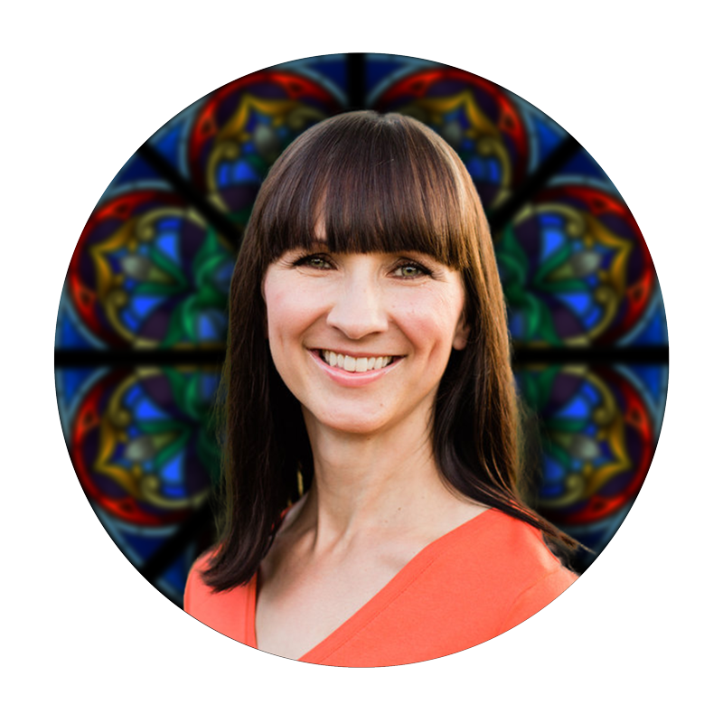 Chandra Richins, Director of Art & Design at Willet Stained Glass Studios, smiling against a backdrop of colorful stained glass patterns.