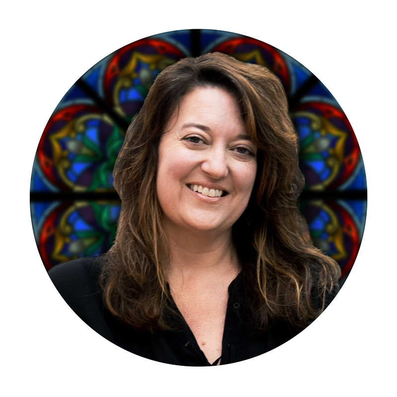 Karlene Wieland, Studio Consultant at Willet Stained Glass Studios, smiling against a backdrop of colorful stained glass patterns.