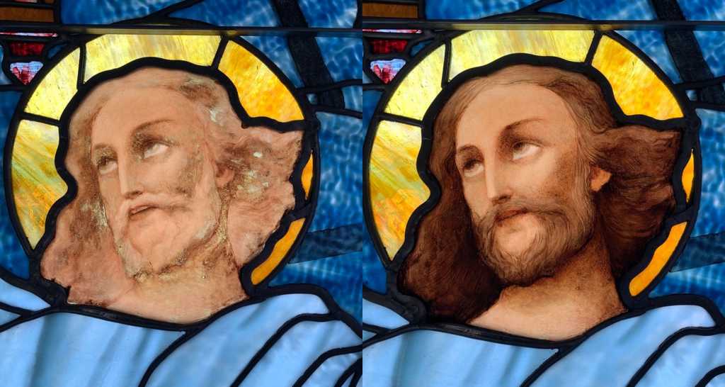 Stained glass window restoration showing before and after images of a depiction of Jesus, highlighting the intricate details and vibrant colors restored to enhance the sacred storytelling in churches.