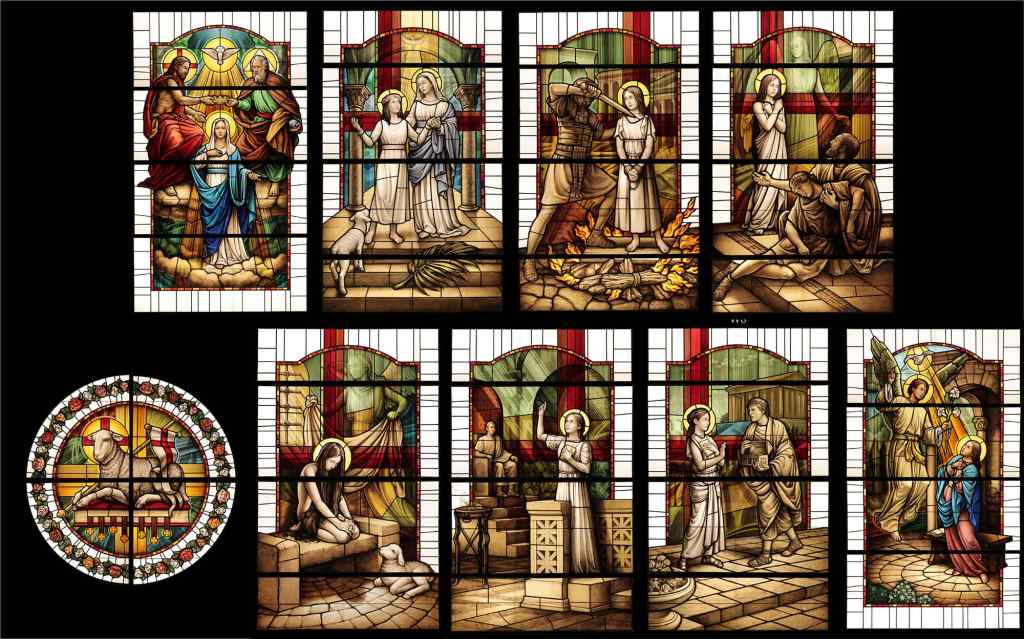 Stained glass windows depicting biblical scenes and figures, showcasing artistry and craftsmanship, representing spiritual themes and narratives relevant to church heritage.