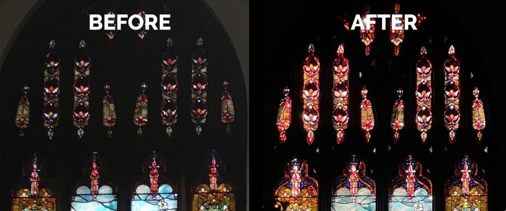 Before and after images of a stained glass window restoration, showcasing vibrant colors and intricate designs, highlighting the craftsmanship and historical significance of antique stained glass in sacred spaces.