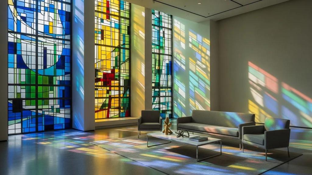 Interior view of a modern building with contemporary stained glass enhancing aesthetic and emotional appeal