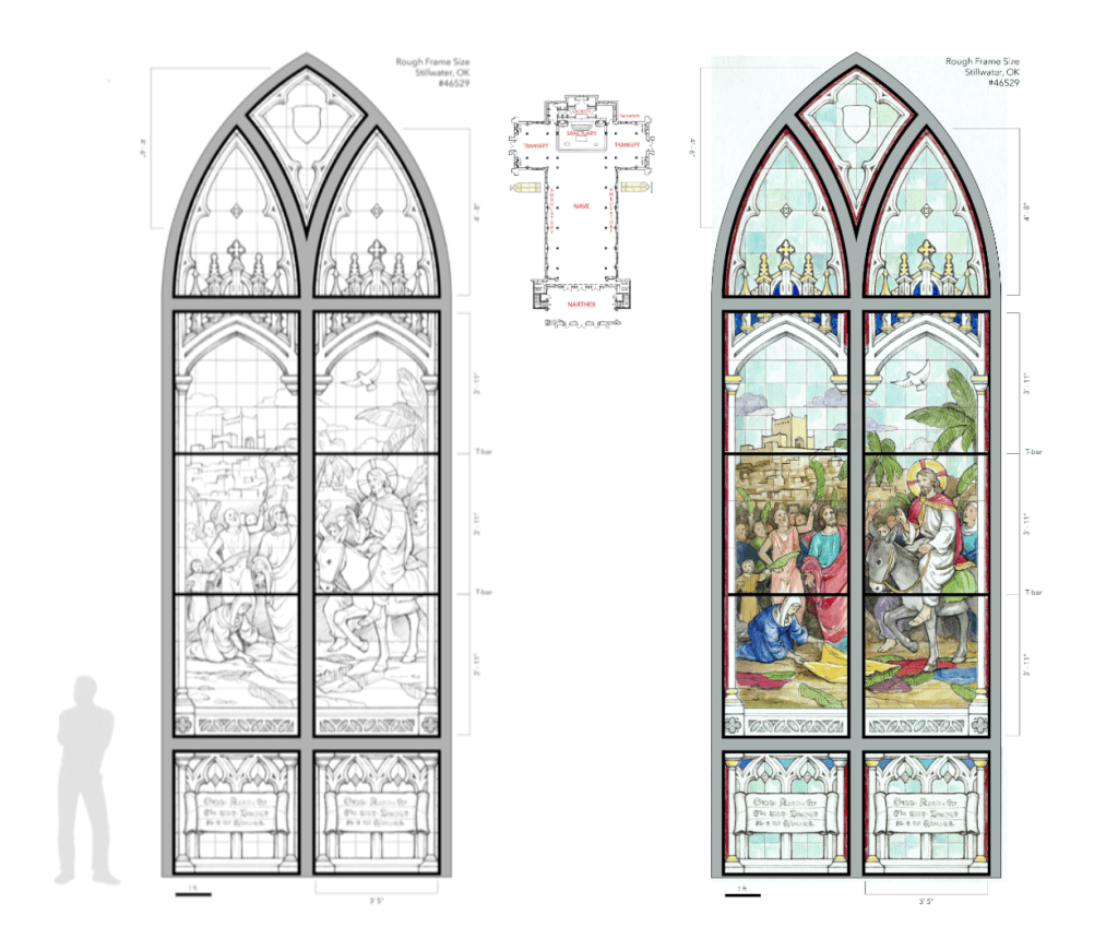 Stained glass window design featuring a biblical scene with figures, architectural details, and color specifications, illustrating custom stained glass artistry for commercial projects.