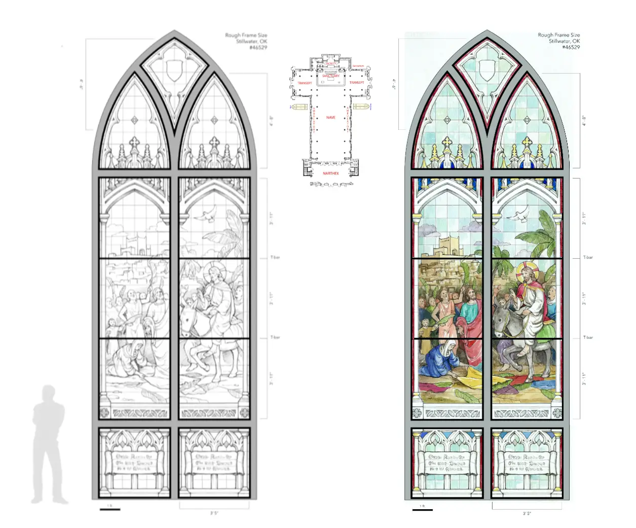 Stained glass window design featuring biblical scene of Jesus on a donkey with crowd, technical drawings and dimensions for architectural integration, relevant to stained glass support for architects and contractors.