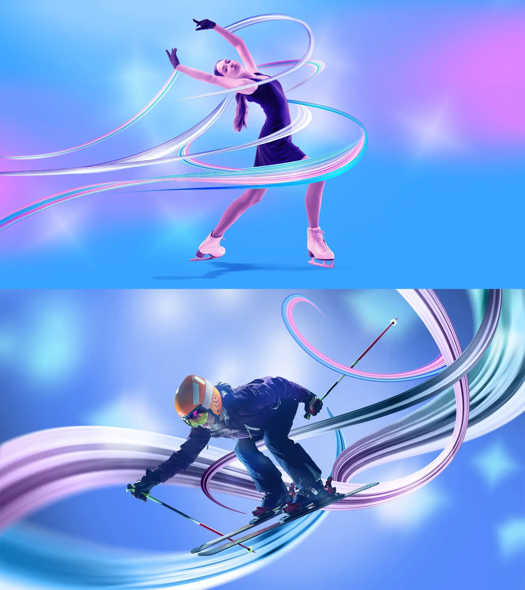 Ice skater performing a graceful pose and skier in action, both surrounded by dynamic, colorful swirls, representing the theme of sport and human achievement for the Willet Art Prize.