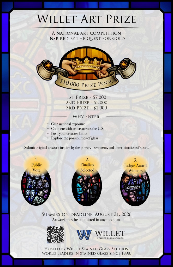 Willet Art Prize poster featuring a stained glass design, announcing a national art competition inspired by the theme "Quest for Gold," with a $10,000 prize pool, including details on prizes and submission guidelines, hosted by Willet Stained Glass Studios.