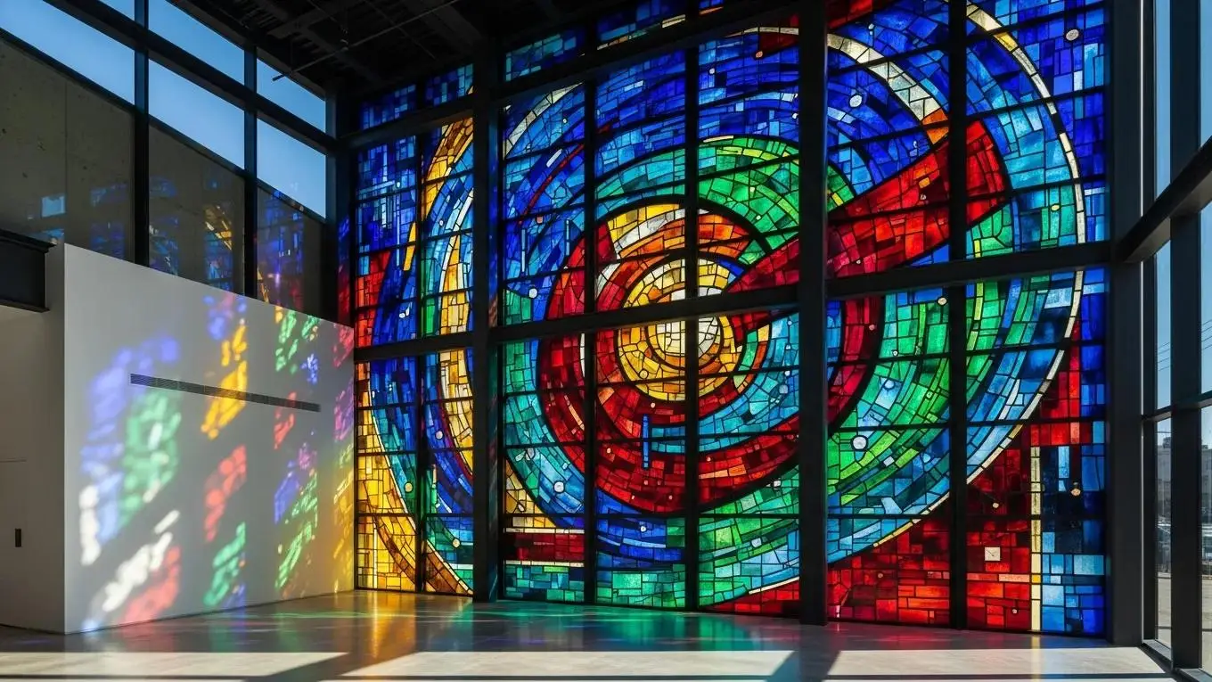 Stained glass window in modern architecture, showcasing artistry and light integration