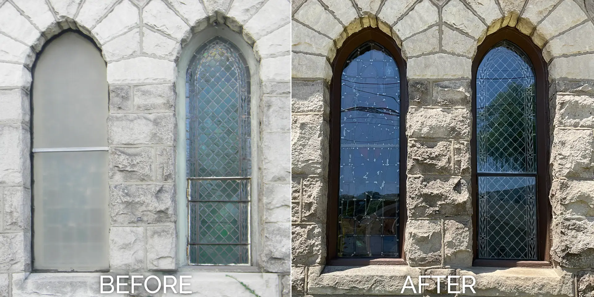 Protective glazing installation on historic arched windows demonstrating impact resistance and durability.