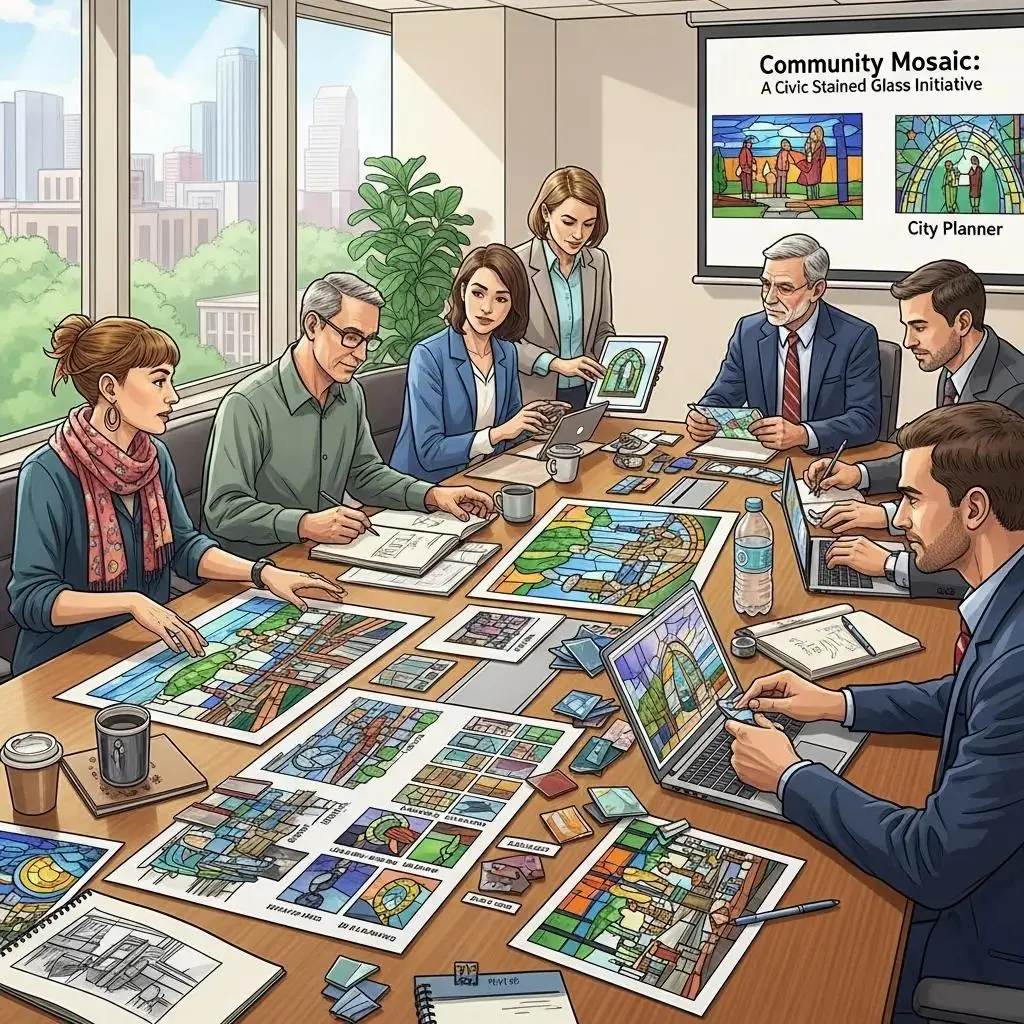 Artists and municipal officials collaborating on a civic stained glass project in a modern conference room