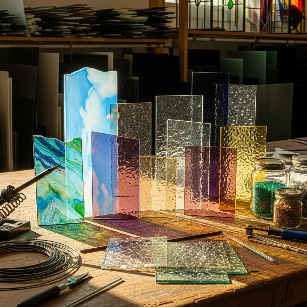 Display of stained glass materials showcasing opalescent, clear, and textured glass types
