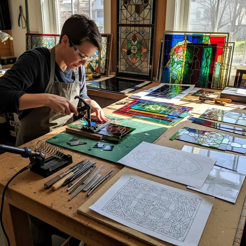 Stained glass artist cutting glass pieces in a workshop, showcasing the fabrication process