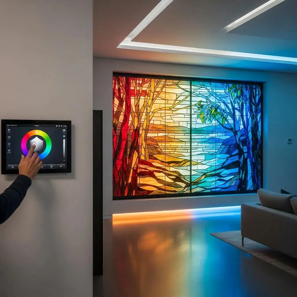 User interacting with smart lighting controls to enhance stained glass installation ambiance