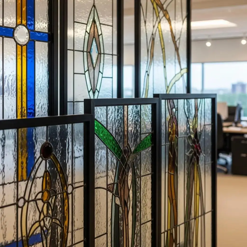 Variety of custom decorative glass panels showcasing artistic styles and craftsmanship